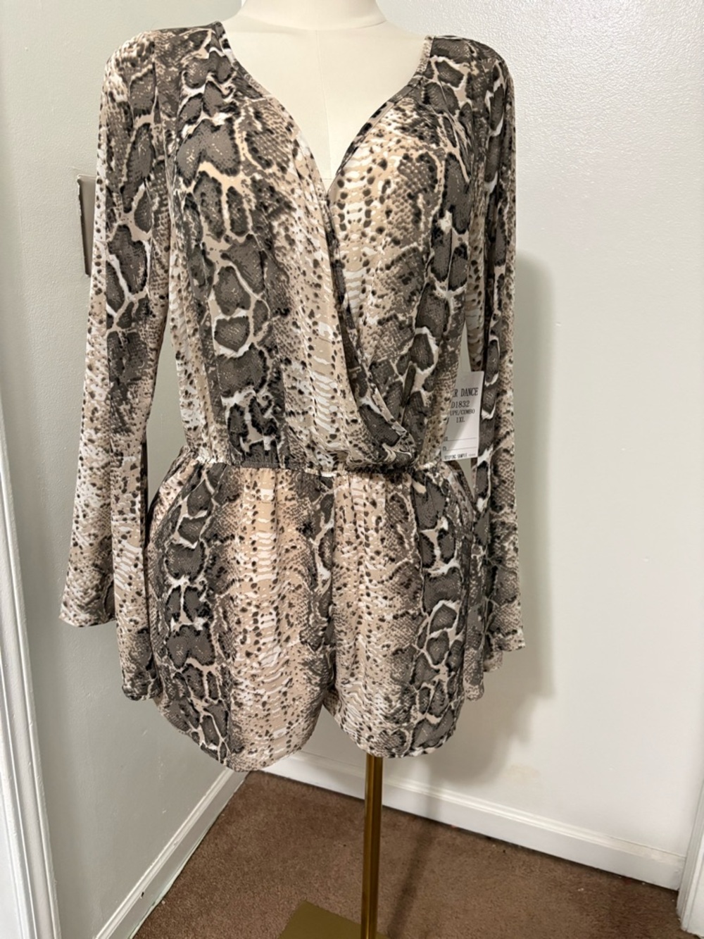 Bear Dance Snake-Print Wrap Romper in Beige and Brown